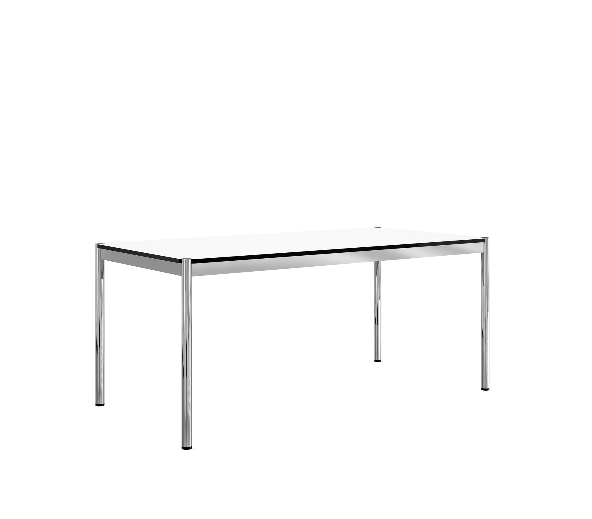 USM Haller Tisch, perlgraue Tischplatte mit verchromtem Gestell, modernes Design für Büro und Wohnbereich.