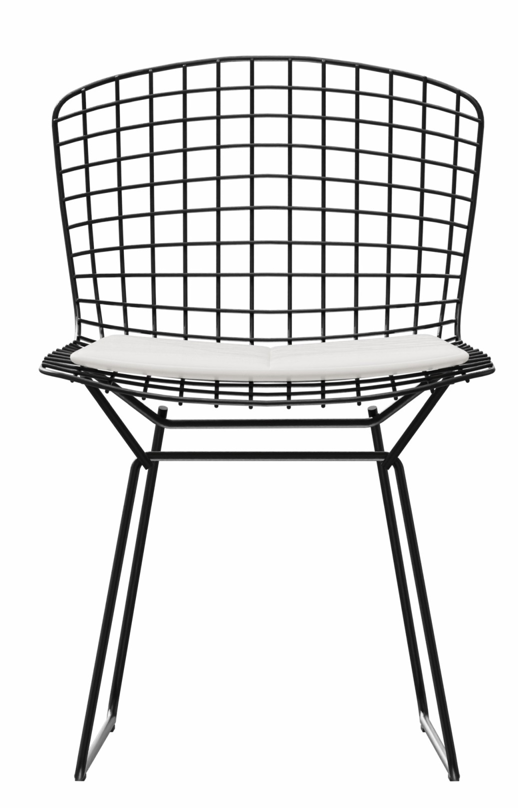 Schwarzer Bertoia Stuhl aus Drahtgeflecht mit weißem Sitzkissen, geeignet für den Außenbereich.