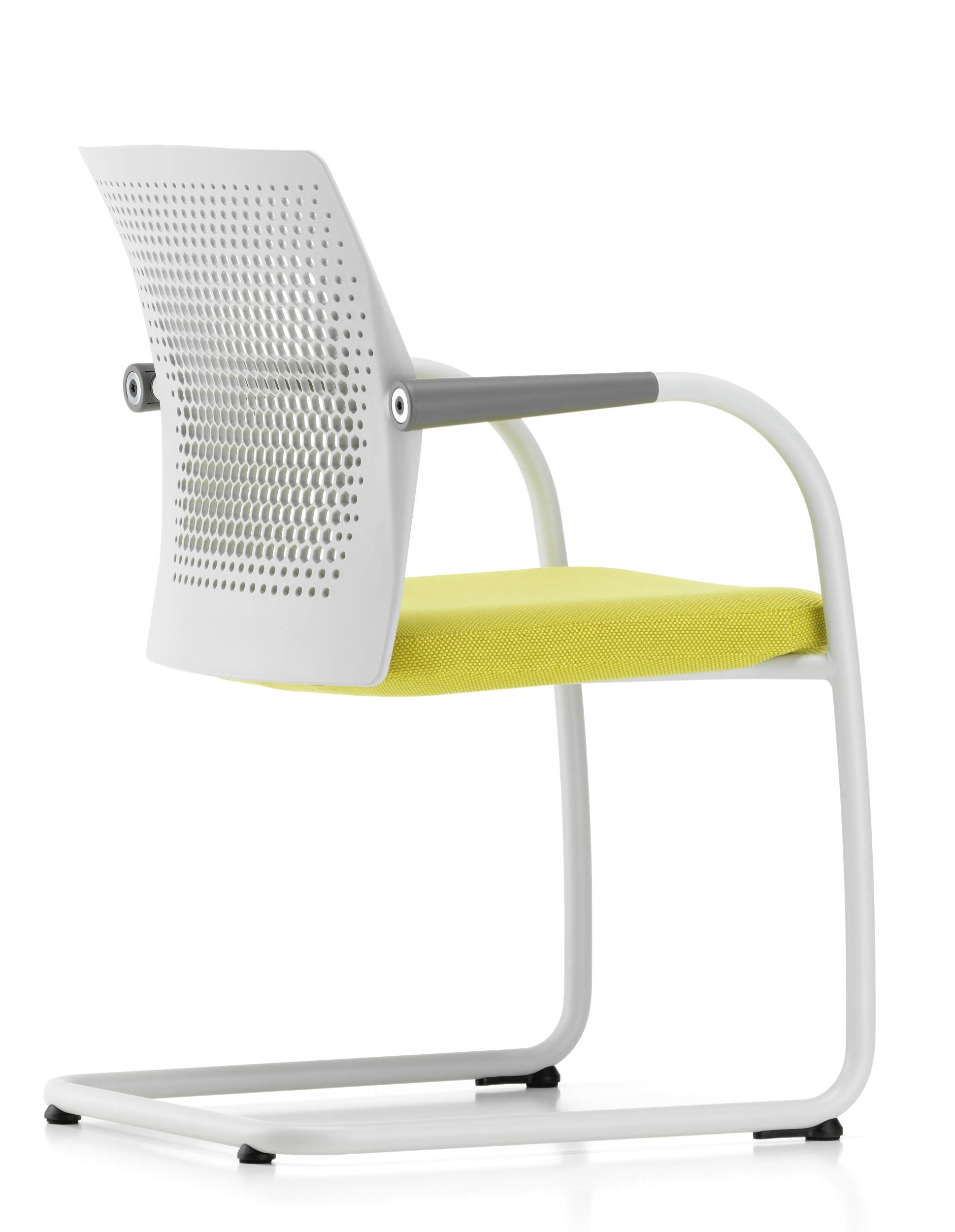 Vitra ID Visitor Air Freischwinger Stuhl, weiße Ausführung mit gelbem Sitzpolster, seitliche Ansicht.