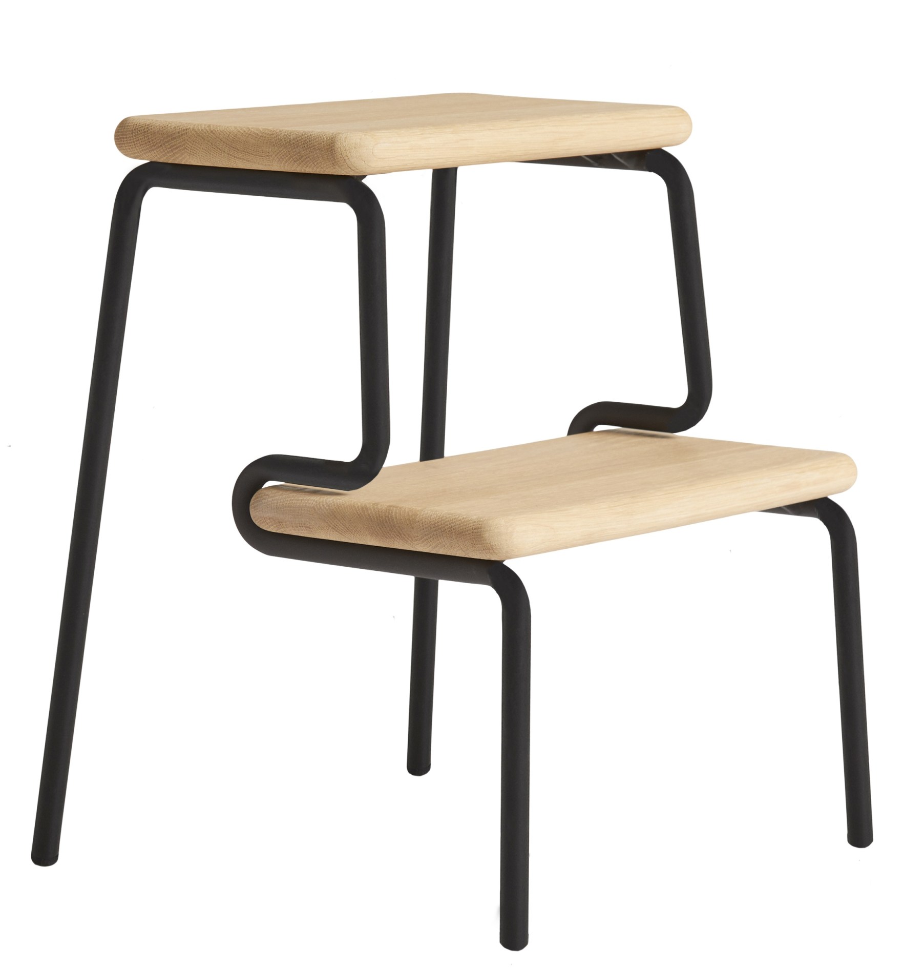 Slalom Step Stool Tritthocker von Woud aus Holz und schwarzem Metallgestell. Moderne Trittleiter.