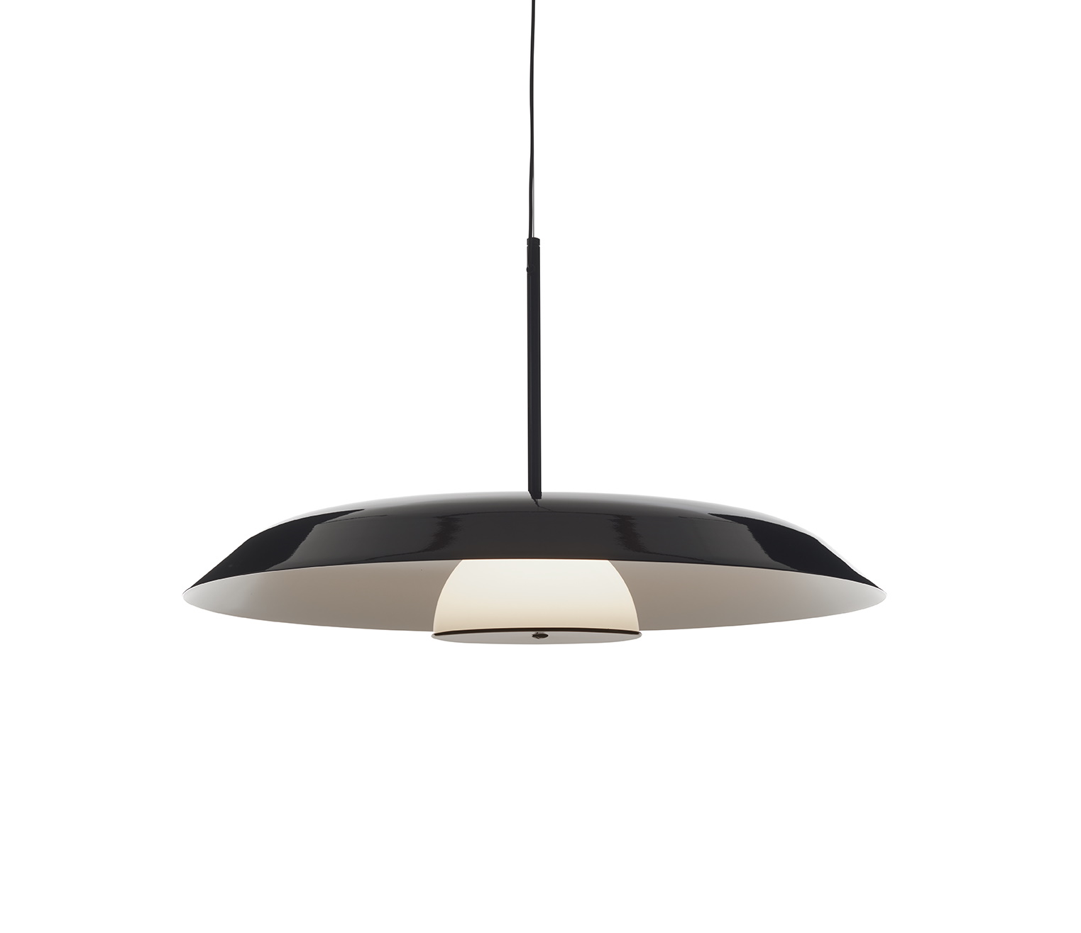 Schwarze Iride Pendelleuchte von Oluce, moderne Hängelampe mit rundem Lampenschirm für stilvolle Beleuchtung.