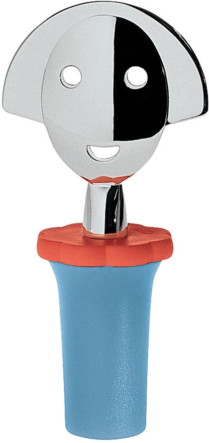 Alessi Anna Stop Flaschenverschluss in Hellblau: Lustiger, verchromter Flaschenstopper mit freundlichem Gesicht für Weinflaschen.