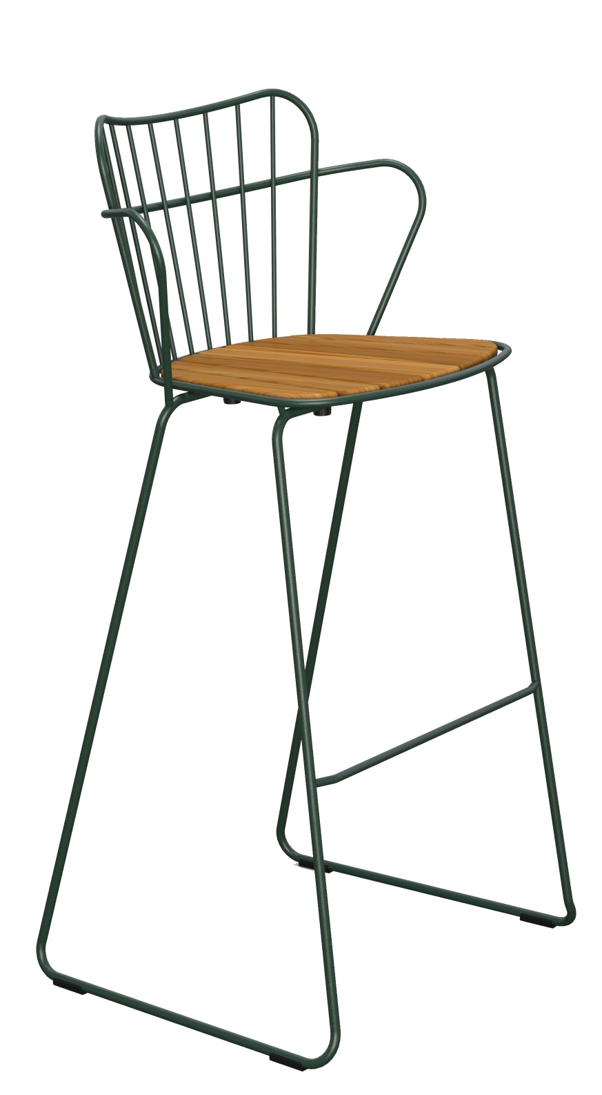 Paon Barhocker von Houe für den Außenbereich: Grünes Metallgestell, Teakholz-Sitzfläche.