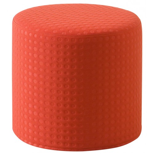Oranger, runder Hocker mit Punktmuster, geeignet als Beistelltisch oder Sitzhocker. Drums Hocker von Softline.