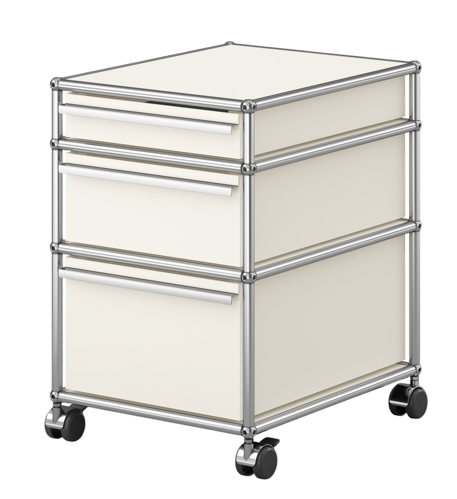 USM Haller Rollcontainer in Reinweiß mit drei Schubladen und verchromtem Gestell auf Rollen.