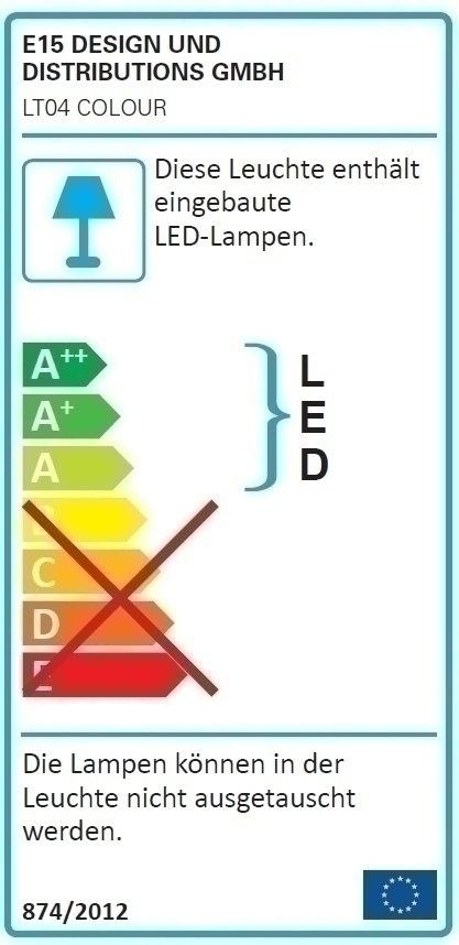 Energielabel der LT04 Colour Bodenleuchte von e15 mit fest verbauten LEDs.