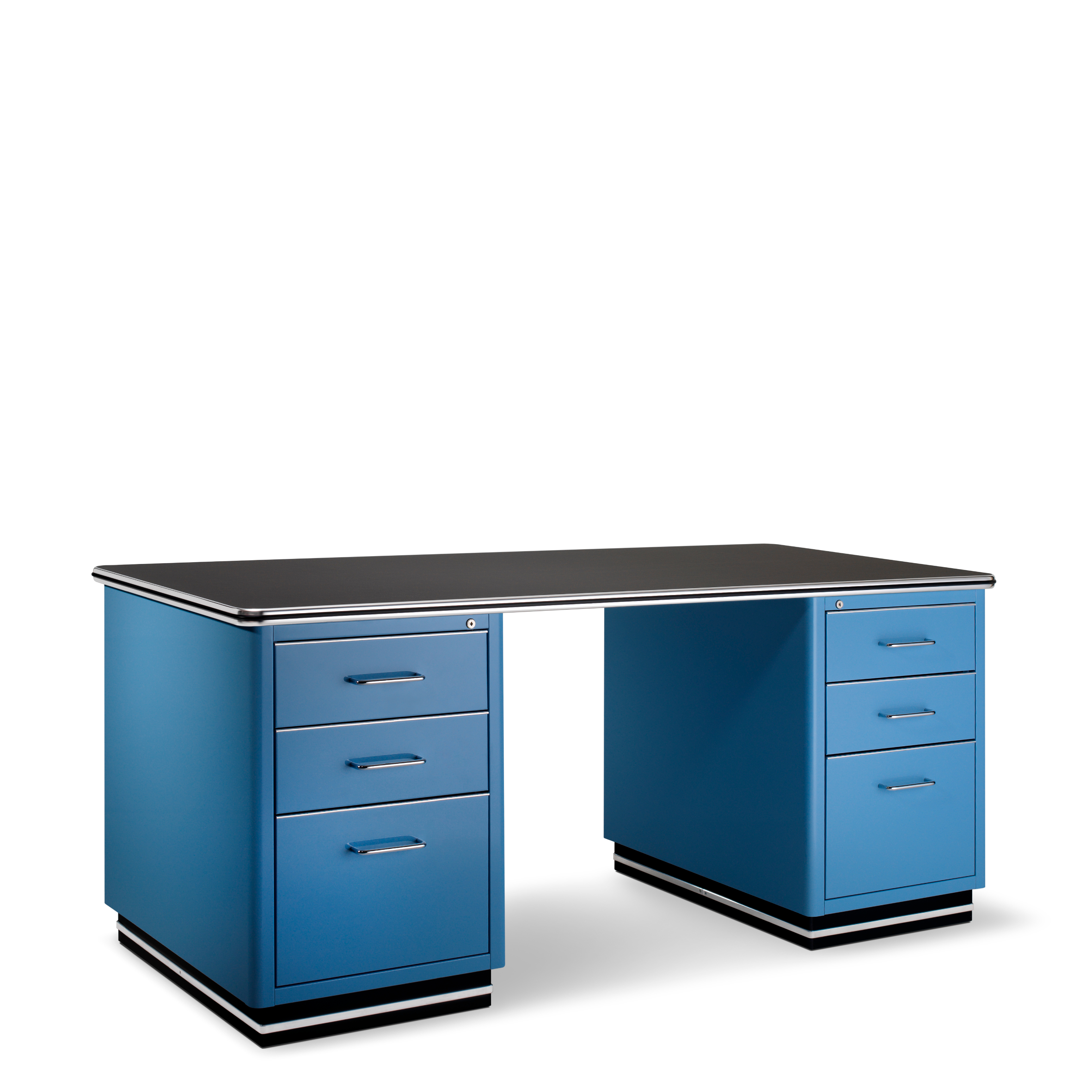 Blauer TB 228 Classic Line Schreibtisch von Müller Möbelfabrikation mit Schubladen und schwarzer Tischplatte für Büro und Arbeitszimmer.