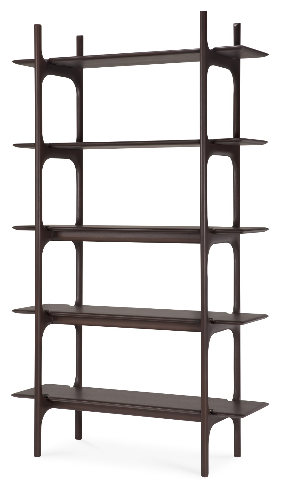 Ethnicraft Regal PI Rack aus dunklem Holz mit fünf Ablageflächen für Wohnzimmer und Büro.