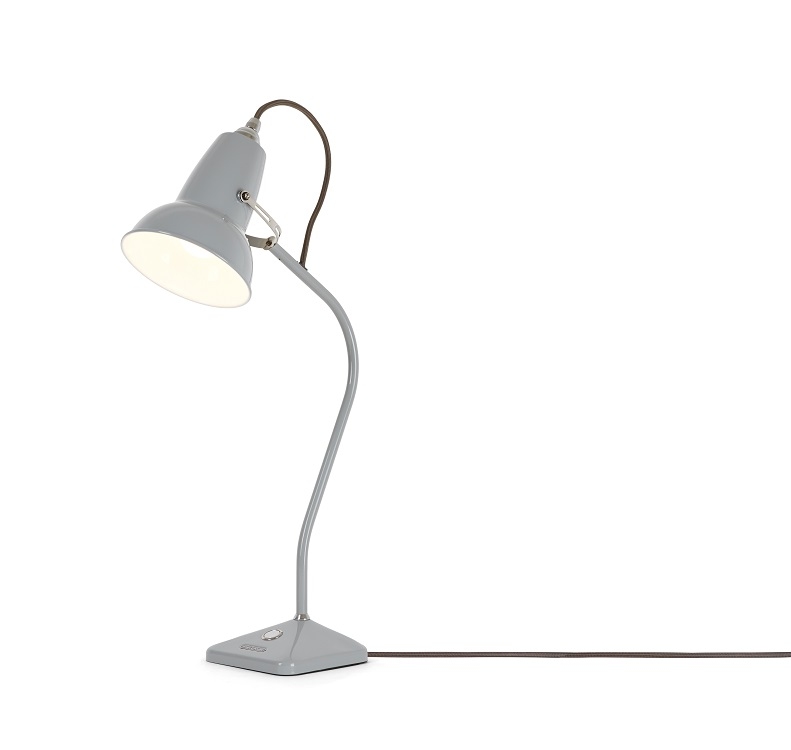 Graue Anglepoise Original 1227 Mini Tischleuchte, flexible Schreibtischlampe für Büro und Zuhause.