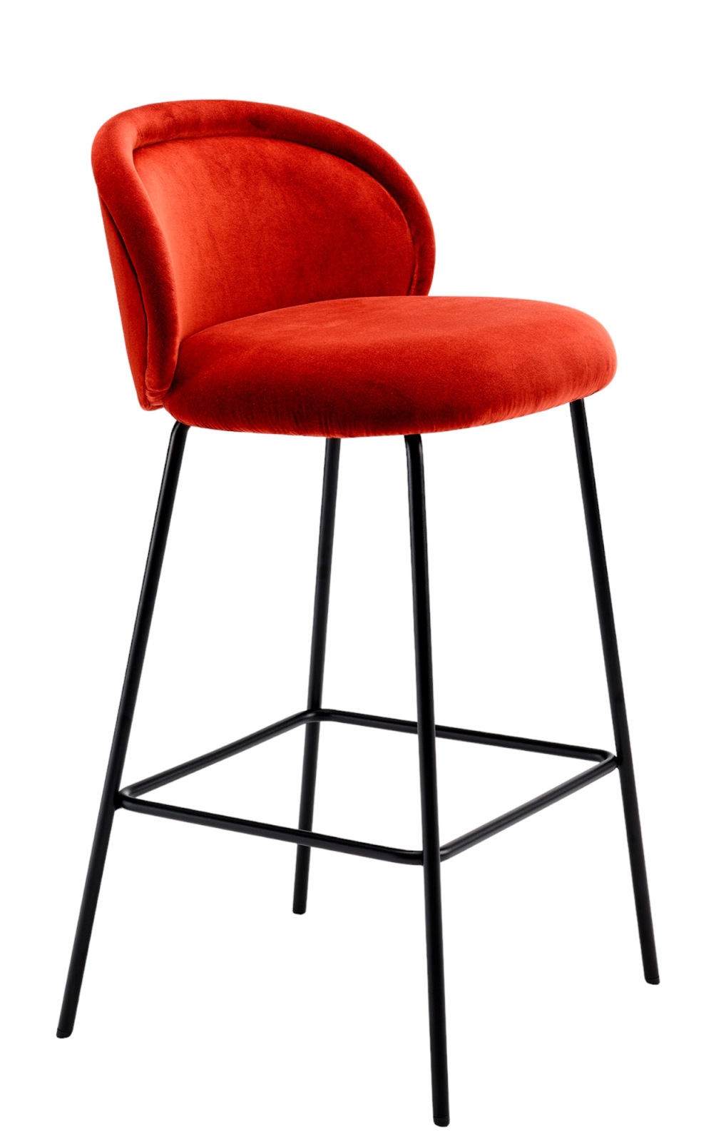 Ona Counterstool Barhocker von Freifrau Manufaktur in Rot mit schwarzem Metallgestell. Moderner Barstuhl.