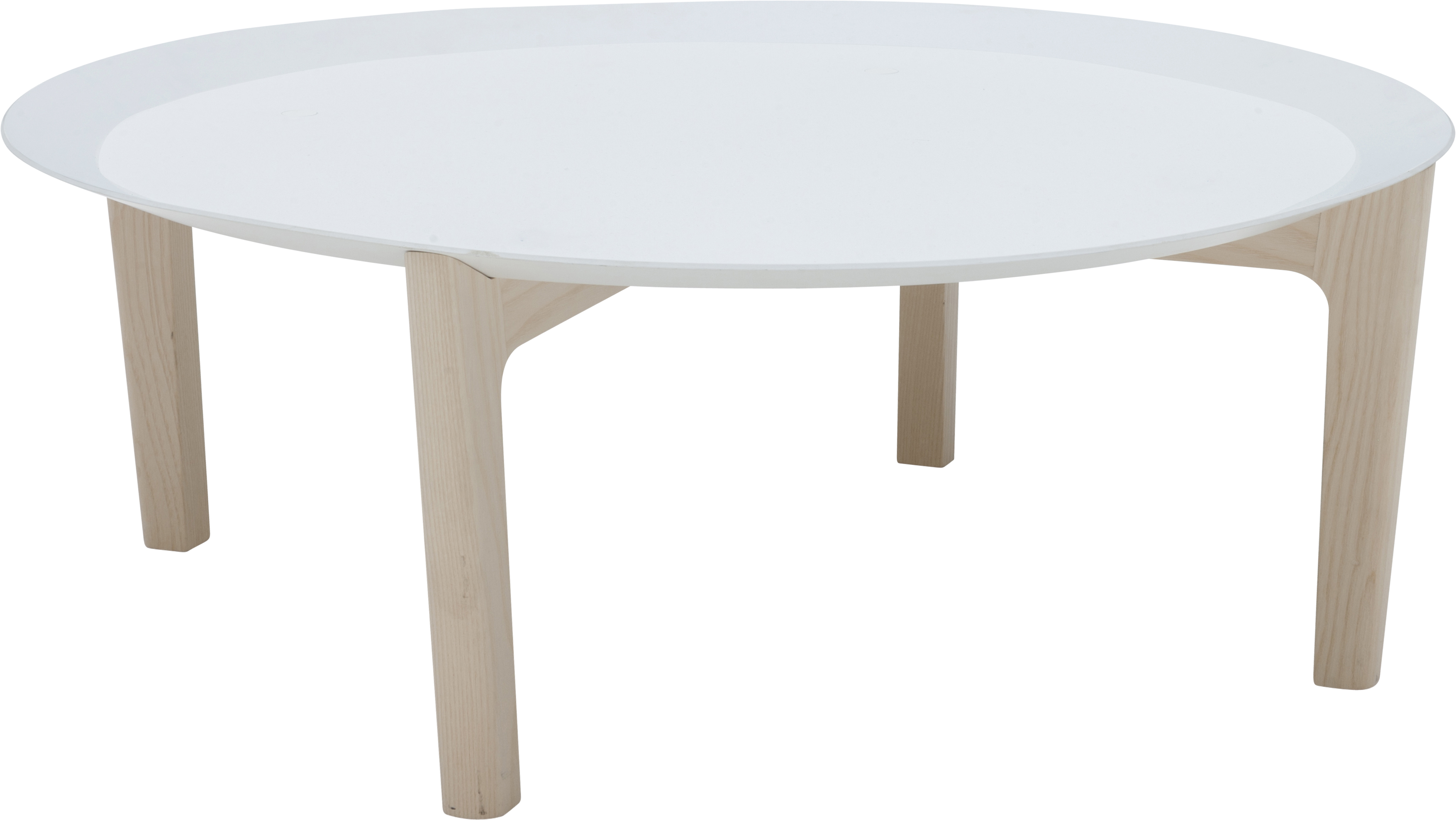 Weißer Tray Beistelltisch Softline mit runder Tischplatte und hellen Holzbeinen, modernes Design für Wohnzimmer.