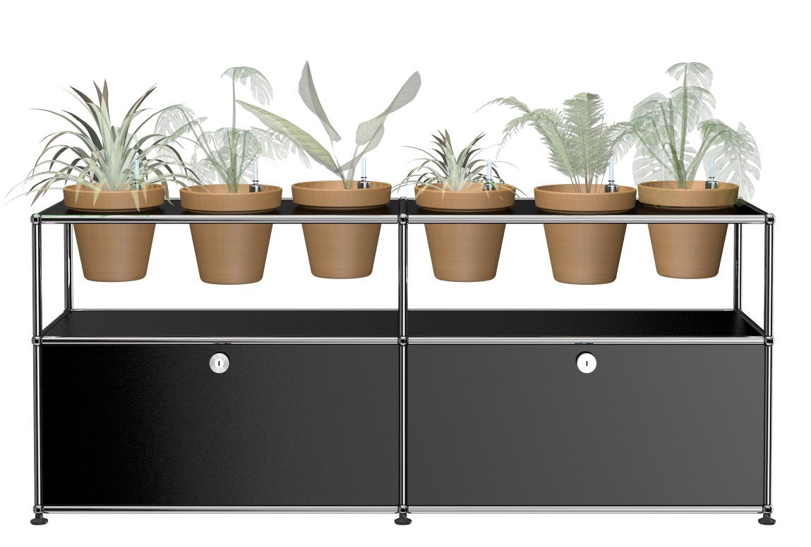 Schwarzes USM Haller Sideboard mit Pflanzenwelten-Konfiguration und sechs Pflanzen in Terrakotta-Töpfen auf der oberen Ebene.