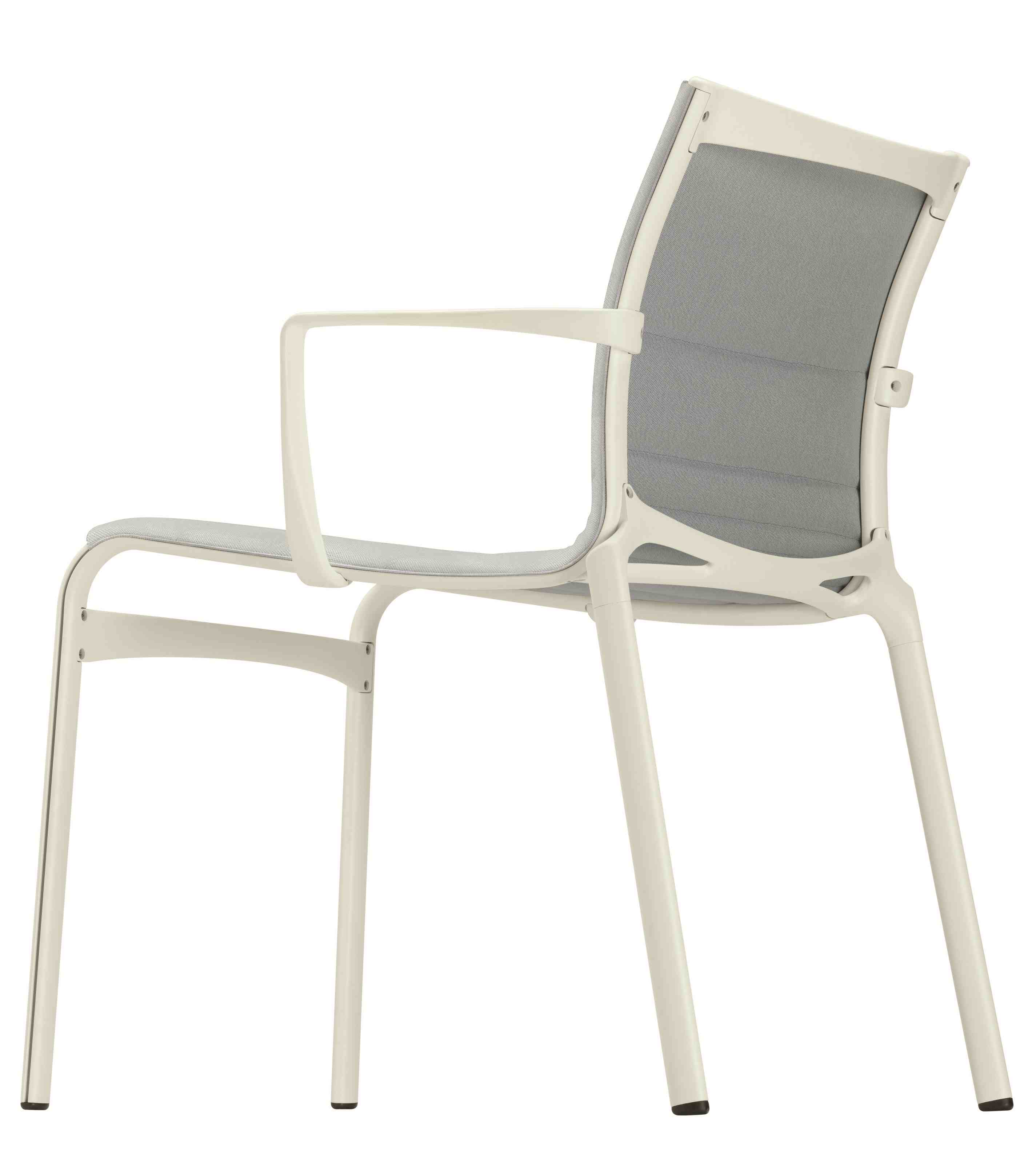 Frame Stuhl 458/459 von Alias, Ansicht von hinten, mit Armlehnen und grauem Stoffbezug.