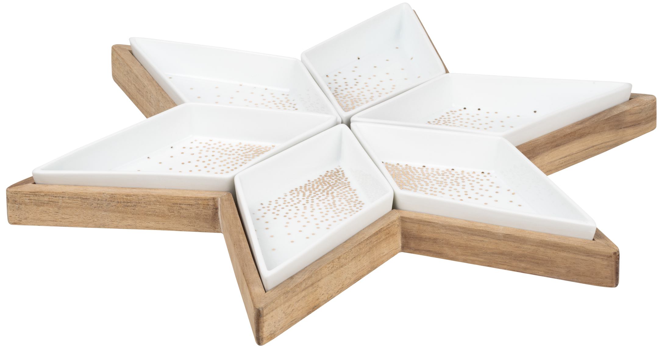 Sternförmiger Servierteller mit sechs weißen Schalen und goldenen Punkten auf Holztablett.