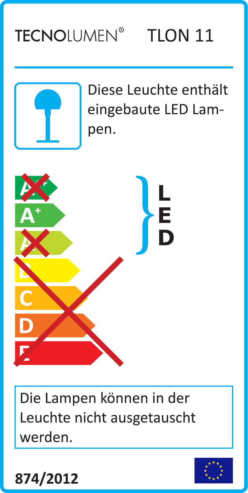 Energielabel der Tecnolumen Tischleuchte: LED-Leuchte mit fest verbauten Lampen, Energieeffizienzklasse.
