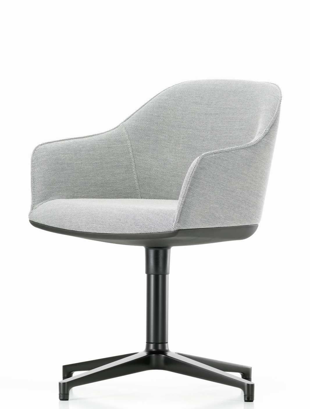 Grauer Softshell Chair von Vitra mit Viersternfuß und Armlehnen auf weißem Hintergrund.