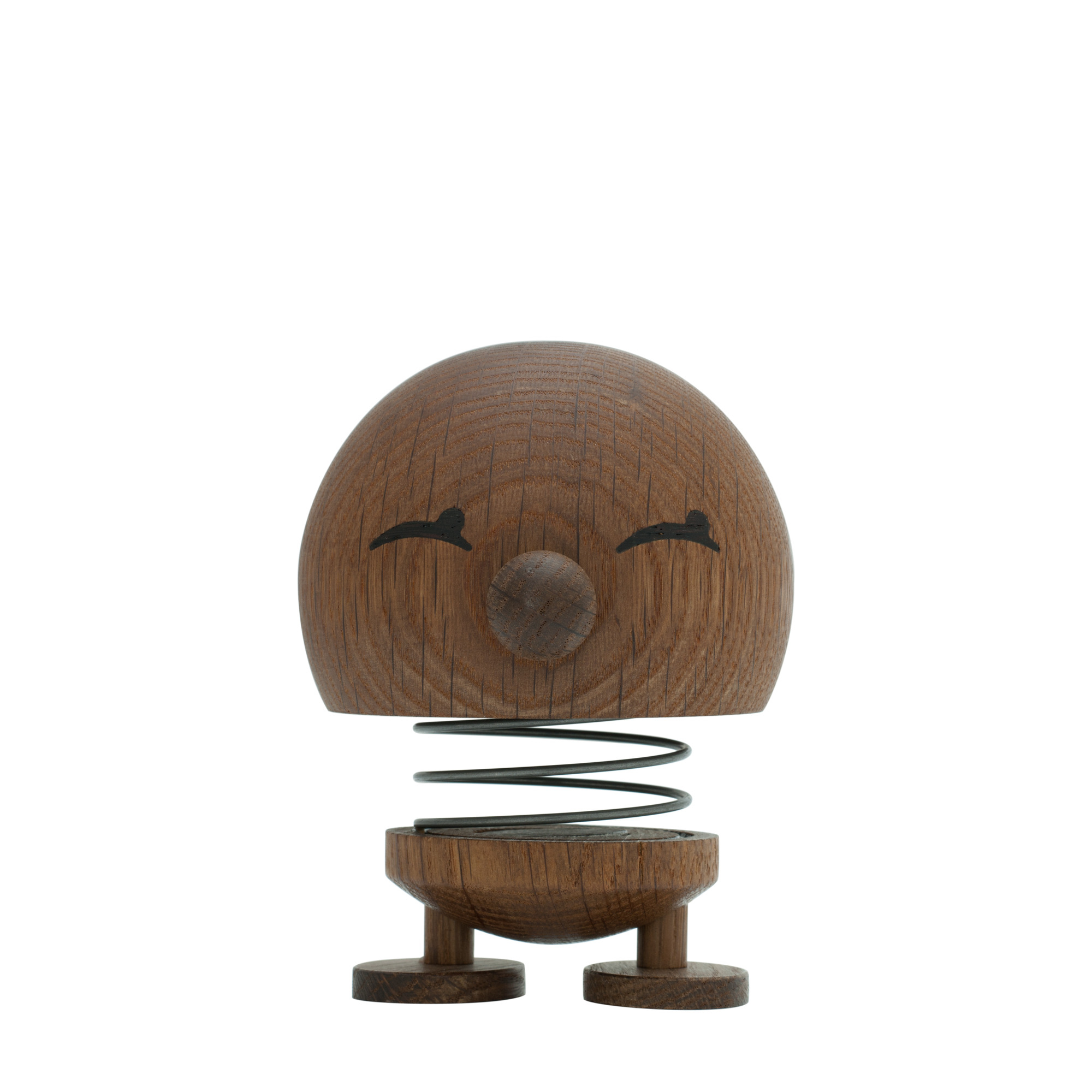 Bimble Hoptimist aus geräucherter Eiche: Niedliche Holzfigur mit Feder und freundlichem Gesicht. Deko-Objekt.