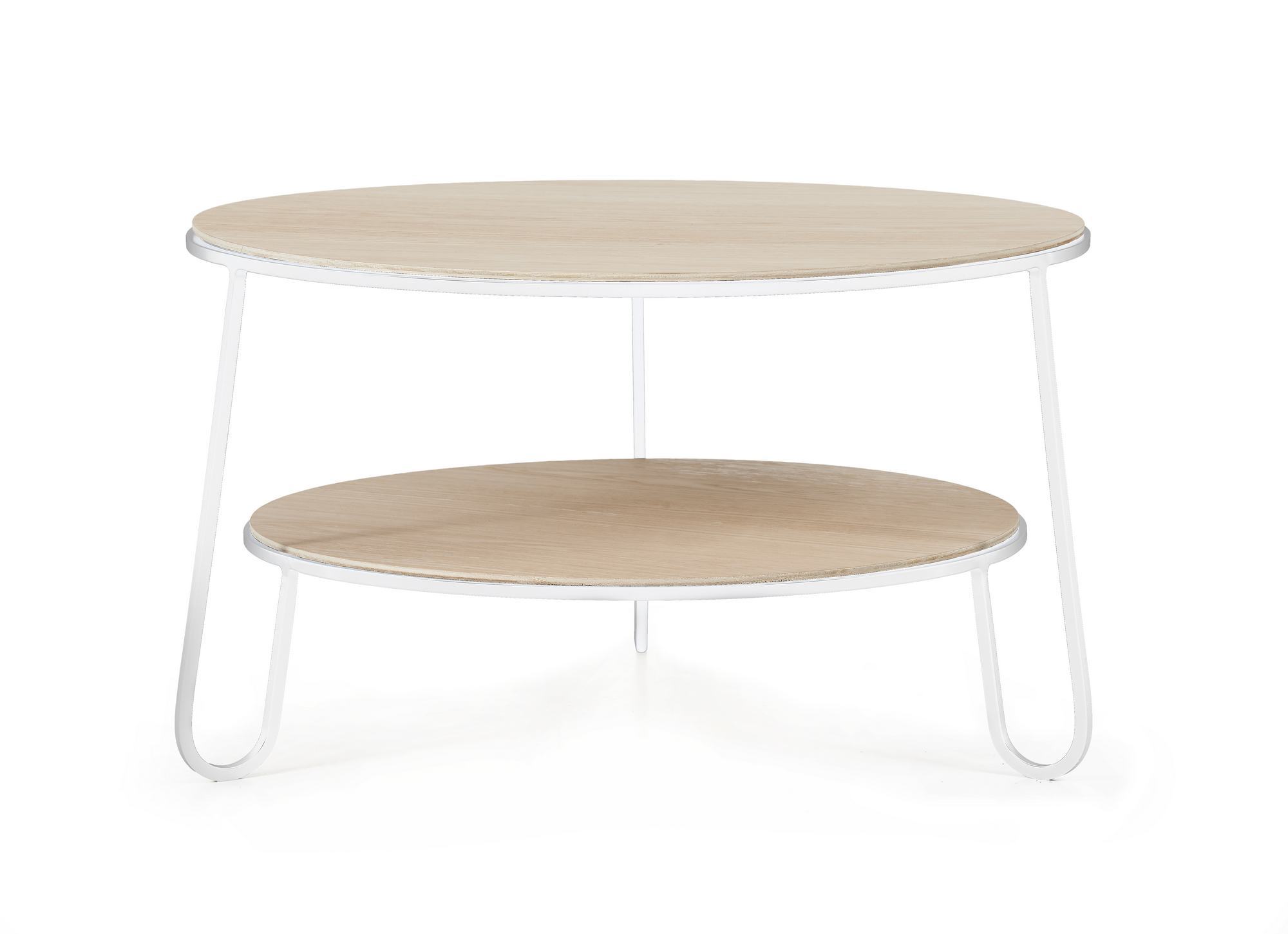 Eugénie Couchtisch von Hartô: Runder Beistelltisch mit zwei Ebenen und weißem Metallgestell.