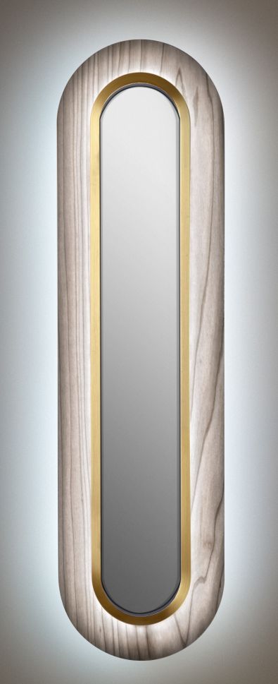Lens LED Wandleuchte von LZF Lamps: Ovale, gestreckte Lampe mit goldenem Metallring und grauem Holz.
