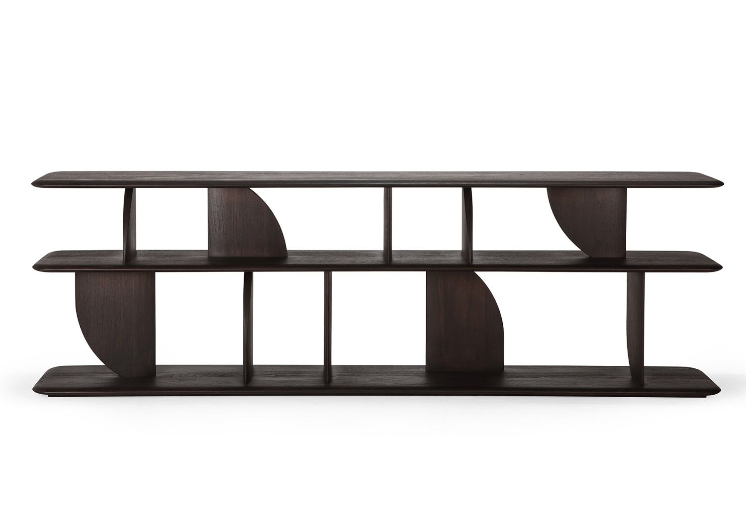 Ethnicraft Konsole aus dunklem Teakholz mit geometrischen Formen, modernes Design für Wohnzimmer und Flur.