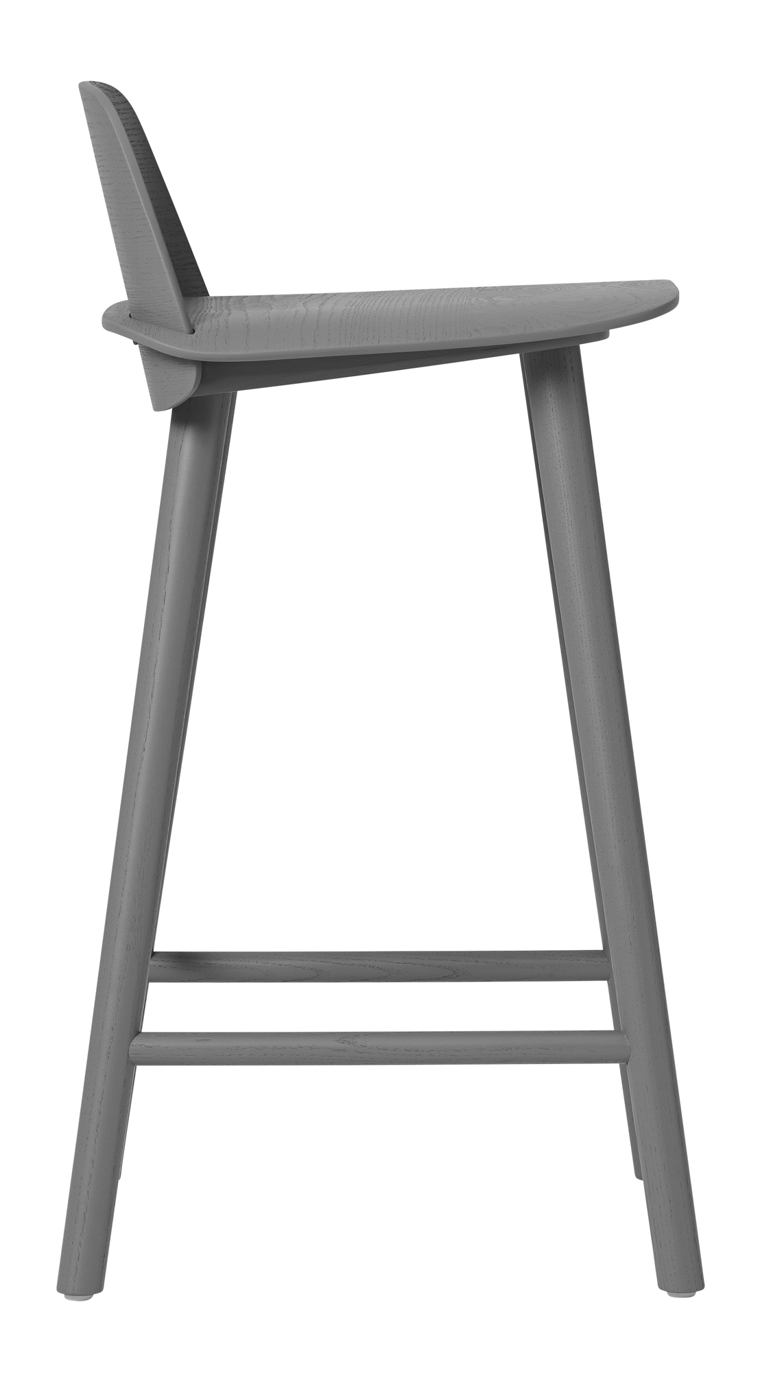 Grauer Nerd Barhocker von Muuto, Seitenansicht. Moderner Design Hocker aus Holz für Küche und Bar.