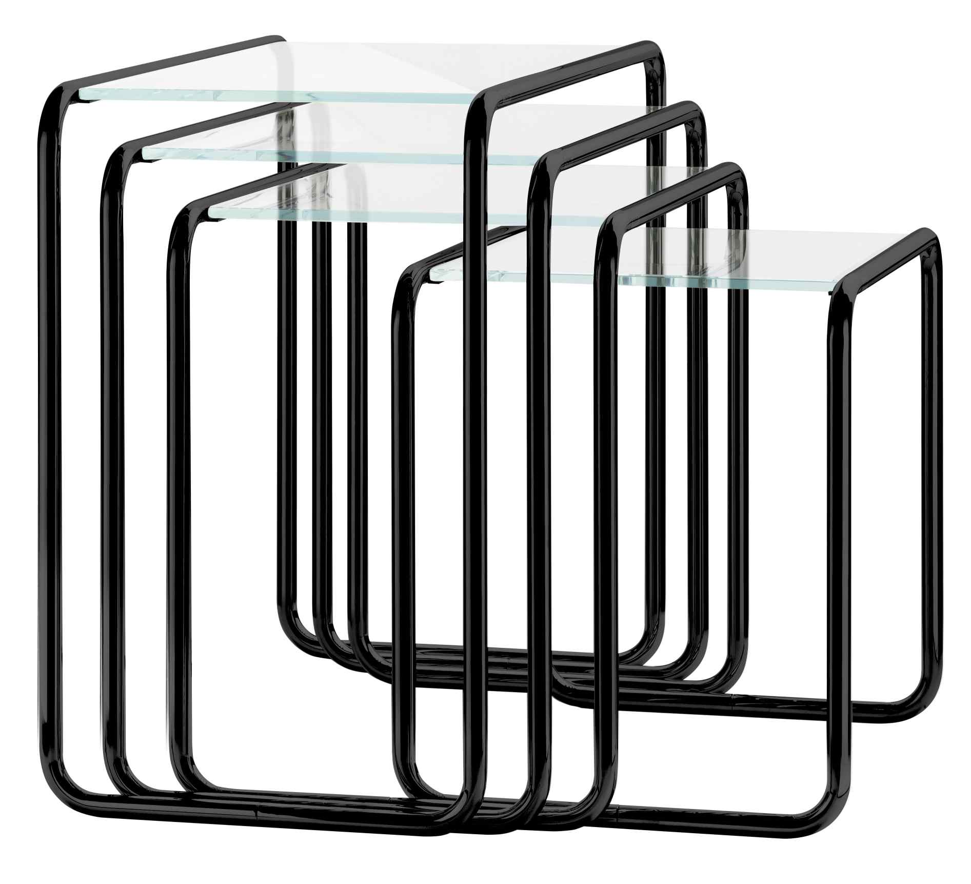 Thonet B 9 Beistelltische Set für den Außenbereich mit schwarzem Gestell und Glasplatten.