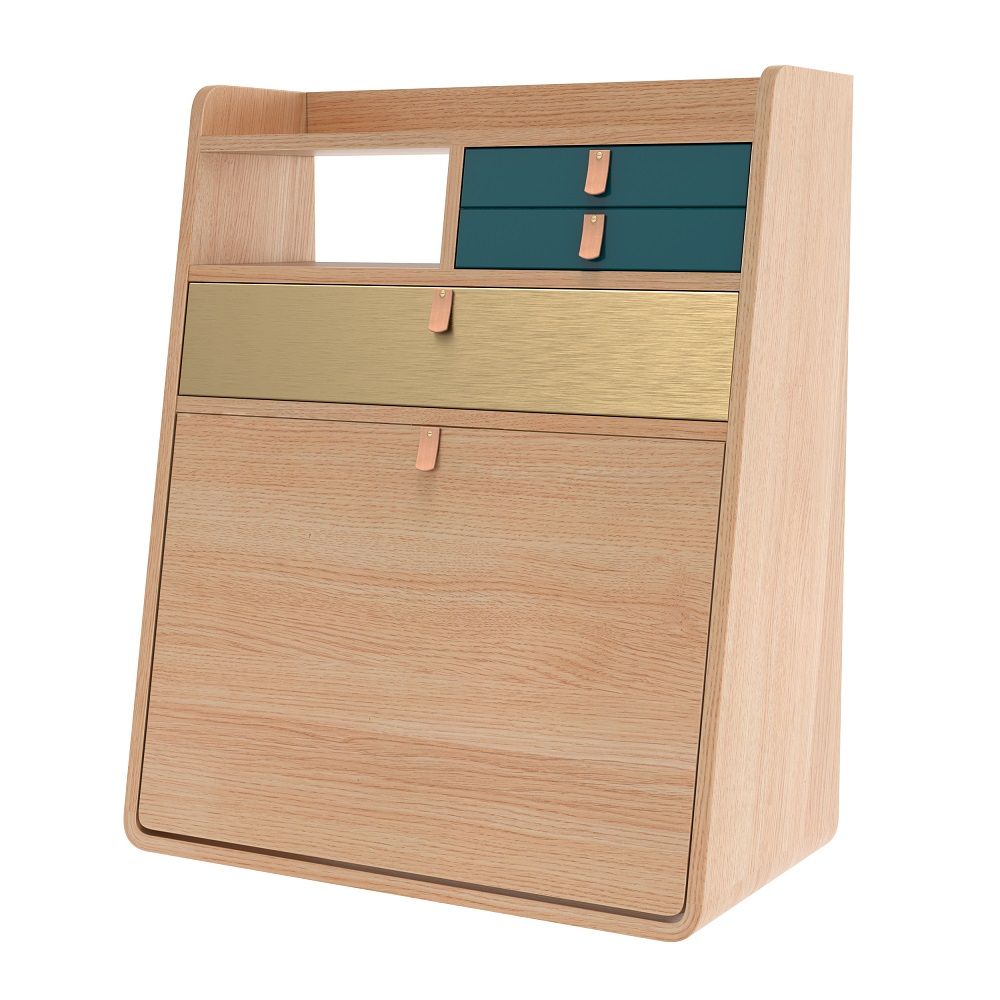 Gaston Wandsekretär von Hartô: Moderner Holzsekretär mit farbigen Schubladen und minimalistischem Design für das Homeoffice.