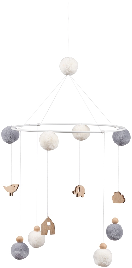 Kids Mobile mit Rädern: Baby Mobile mit Holzfiguren (Vogel, Elefant, Haus, Wolke) und Pompons in Grau und Weiß.