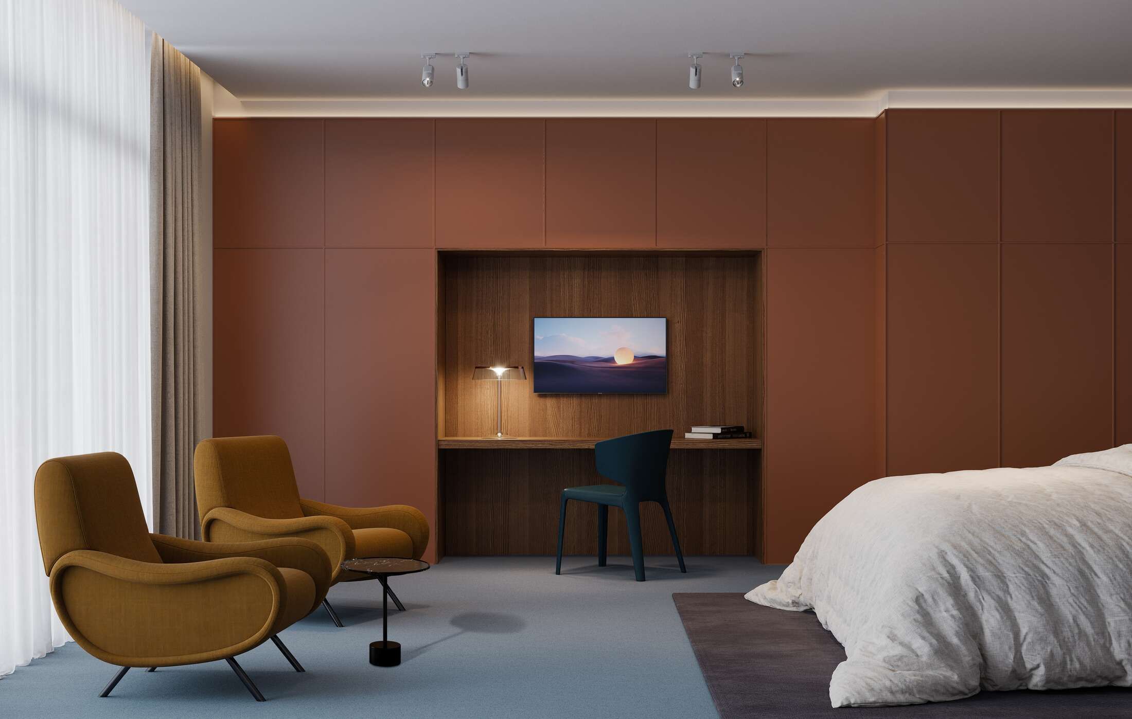 Innenansicht mit zwei braunen Hola Armlehnstühlen von Cassina und einem Schreibtisch mit Stuhl.