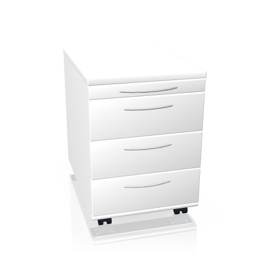 Weißer Rollcontainer von König+Neurath mit drei Schubladen und silbernen Griffen für Büro und Arbeitszimmer.