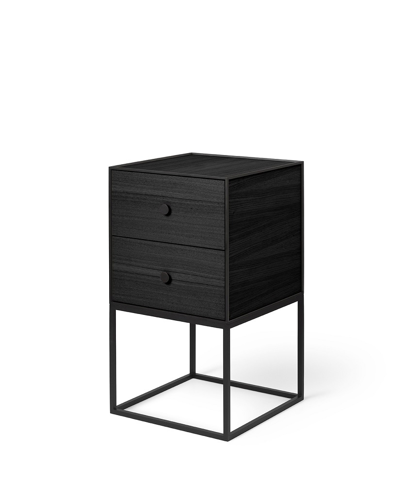 Frame 35 Schrank Element mit zwei Schubladen in Esche schwarz gebeizt auf Metallgestell.