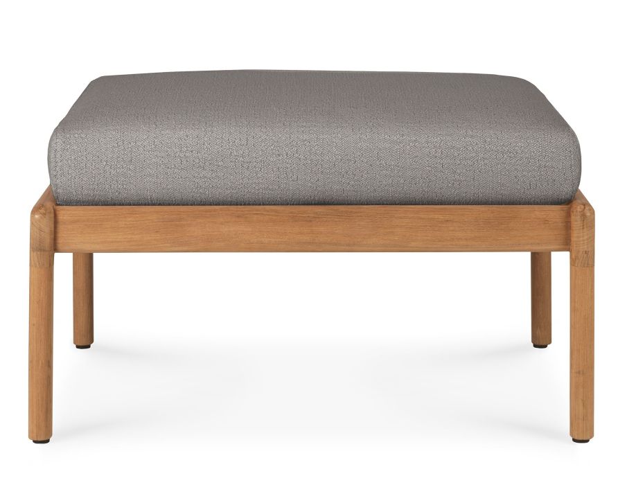 Jack Outdoor Polsterhocker aus Teakholz mit grauem Kissen, ideal für Garten und Terrasse.