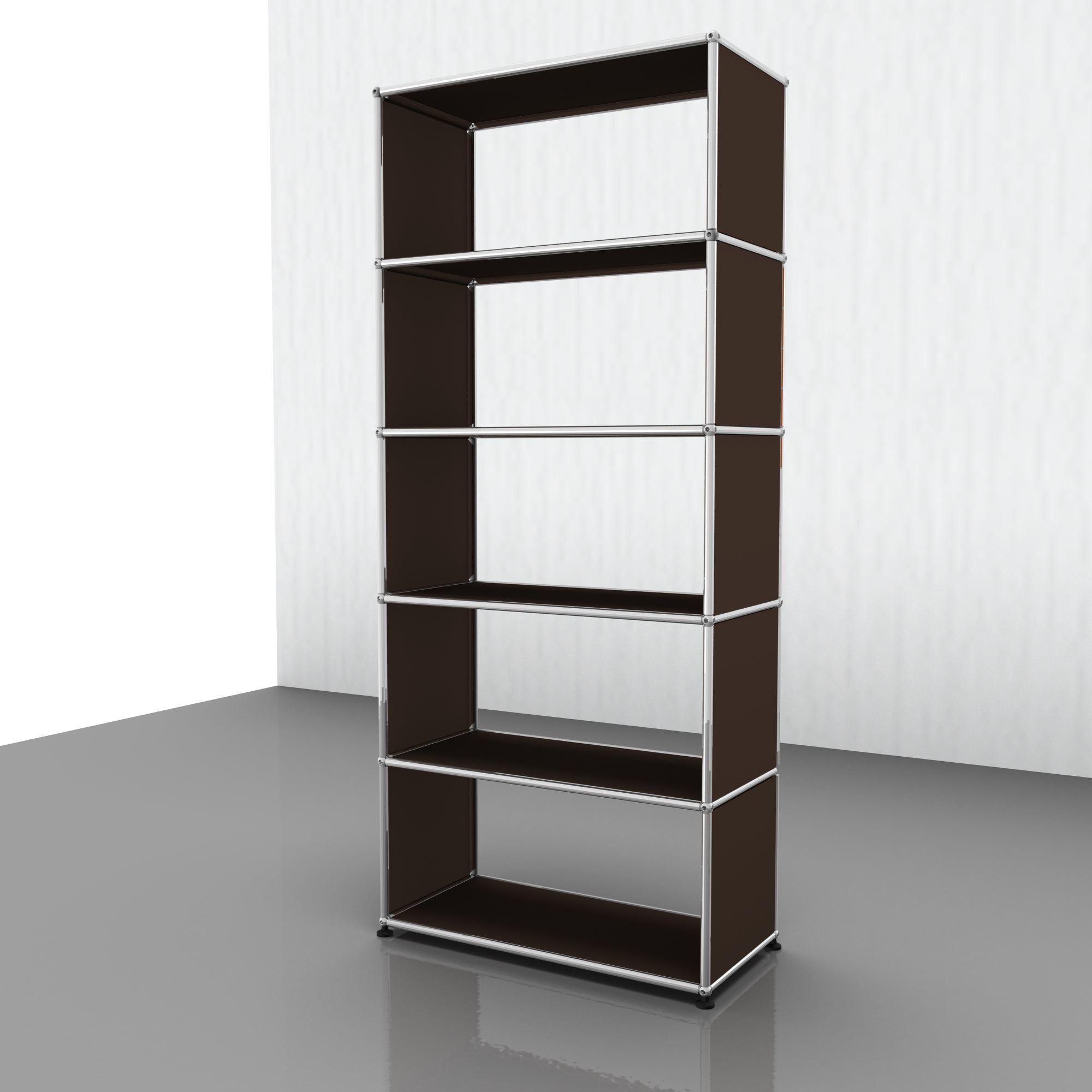 USM Haller Regal in Braun mit fünf Fächern und verchromtem Gestell, modernes modulares Möbeldesign.