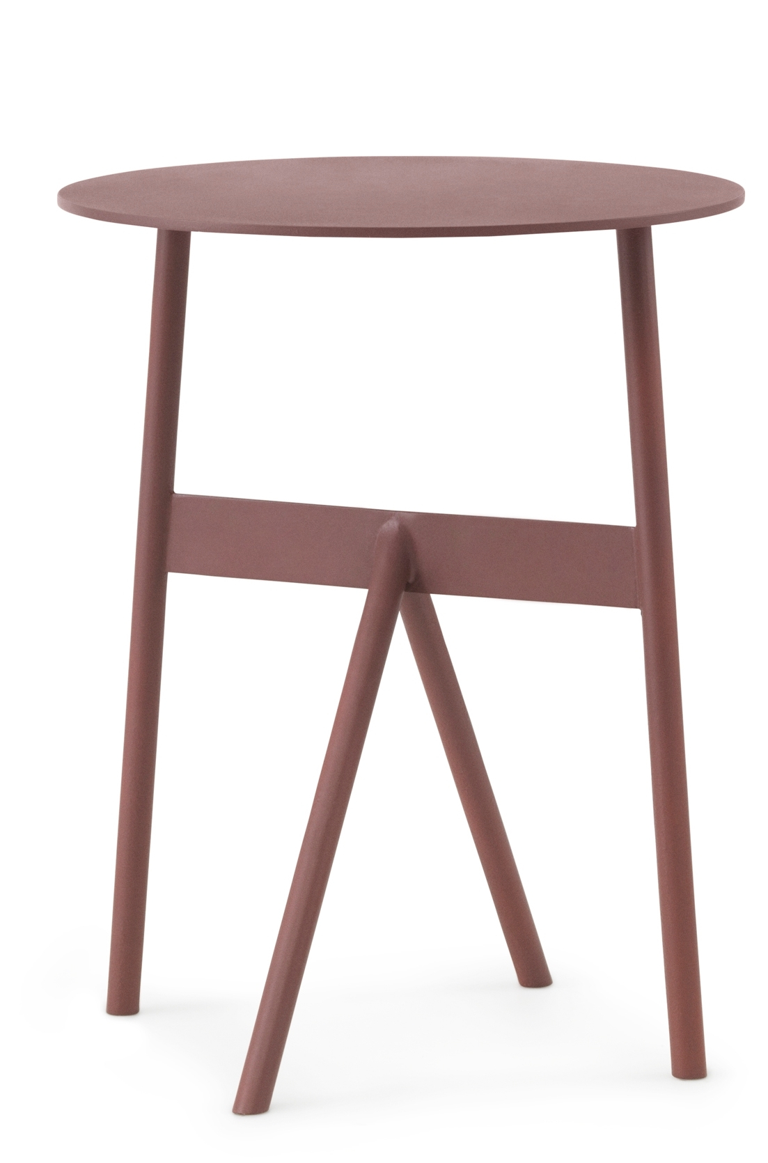 Normann Copenhagen Stock Table Beistelltisch in Weinrot: Moderner, runder Tisch mit filigranem, dreibeinigem Untergestell.