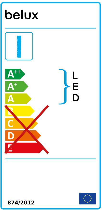 Energielabel der Belux One by One Stehleuchte mit LED und hoher Energieeffizienz.