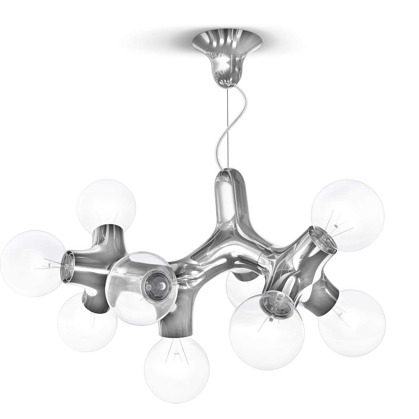 Chromfarbene DNA Pendelleuchte mit neun Glühbirnen. Moderne Designerlampe für Wohnzimmer und Esszimmer.