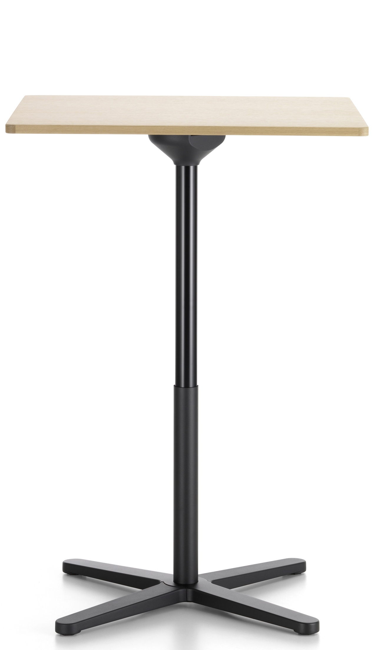 Vitra Super Fold Table High: Rechteckiger, faltbarer Stehtisch mit hellem Holz und schwarzem Fuß.