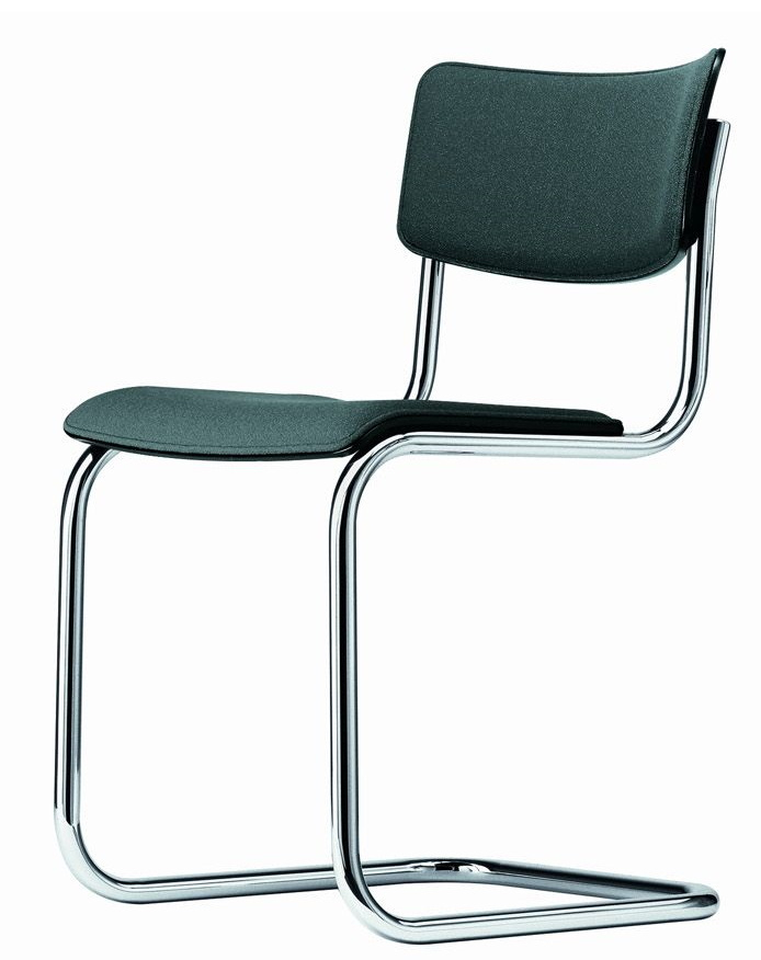 Thonet S 43 Freischwinger Stuhl mit Stahlrohrgestell und grauem Bezug, Klassiker Design.