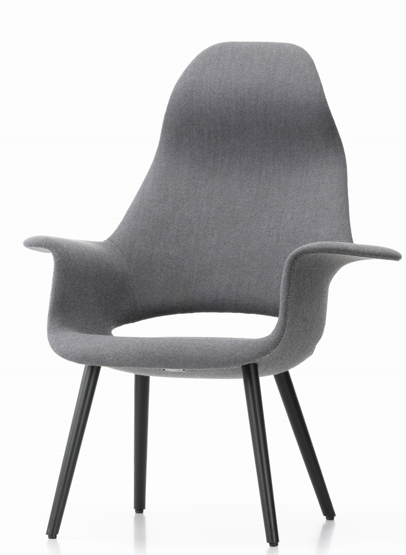 Grauer Organic Highback Chair Stuhl von Vitra mit Armlehnen und schwarzen Beinen.