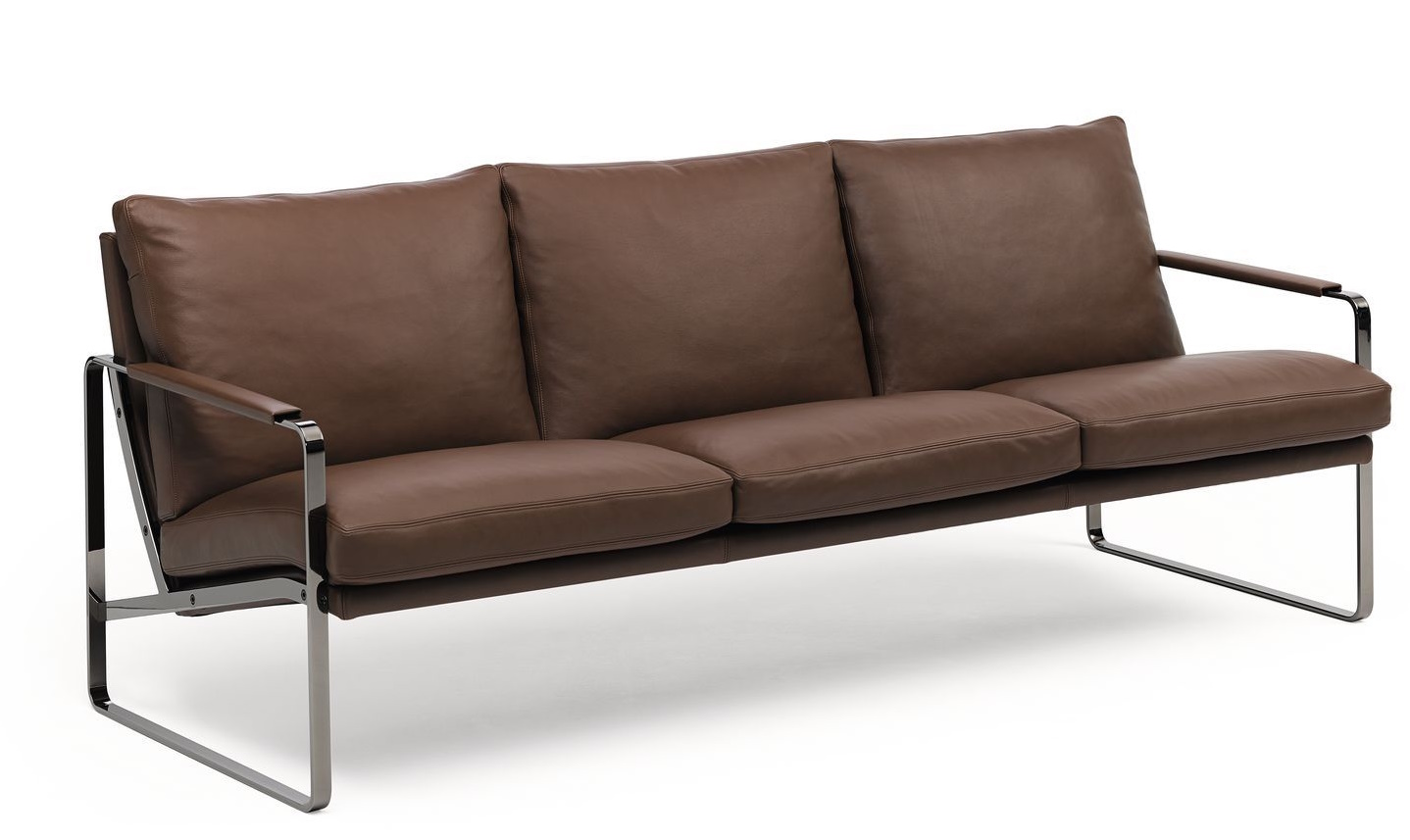 Braunes 3-Sitzer Ledersofa Fabricius von Walter Knoll mit verchromtem Gestell. Modernes Design.