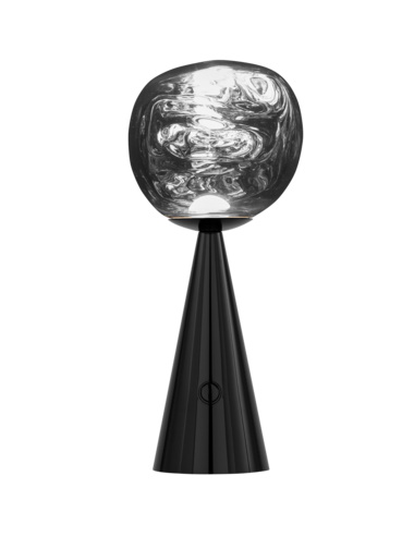 Schwarze Tom Dixon Melt Tischleuchte: Tragbare LED Lampe mit einzigartigem, verzerrtem Schirm.