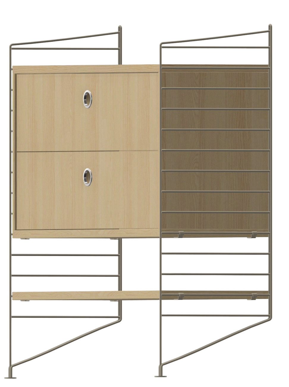 Wohnzimmer KONFIGURATIONEN L8 String Furniture: Regalsystem mit Holzschrank, Regalböden und Metallrahmen für Wohnraumgestaltung.