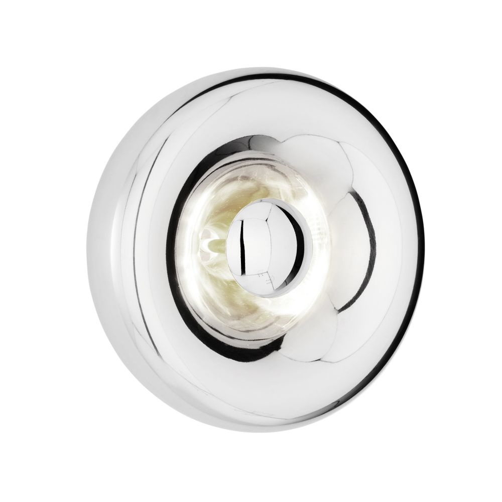 Nahaufnahme der runden Void Surface LED-Wandleuchte von Tom Dixon in glänzendem Chrom.