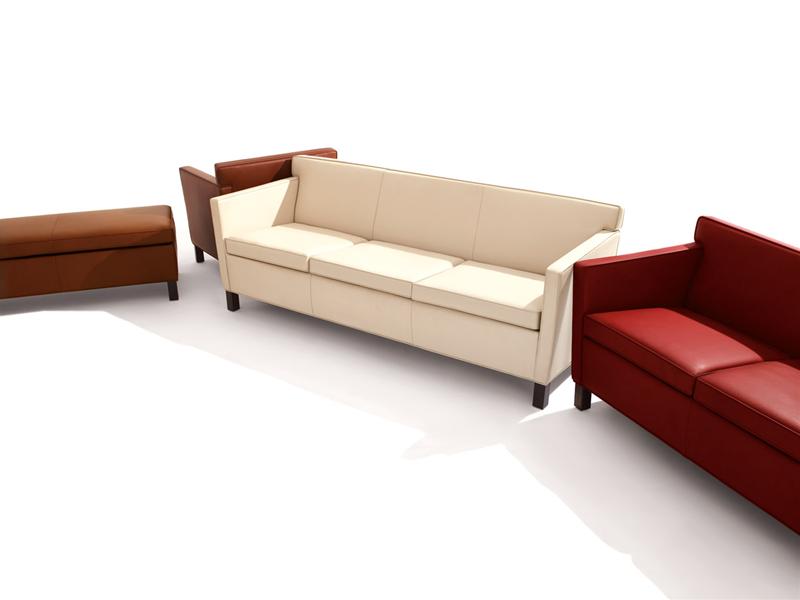 Krefeld Sofa von Knoll International: Beige Ledersofa, rotes Ledersofa und braune Lederbank auf weißem Hintergrund.