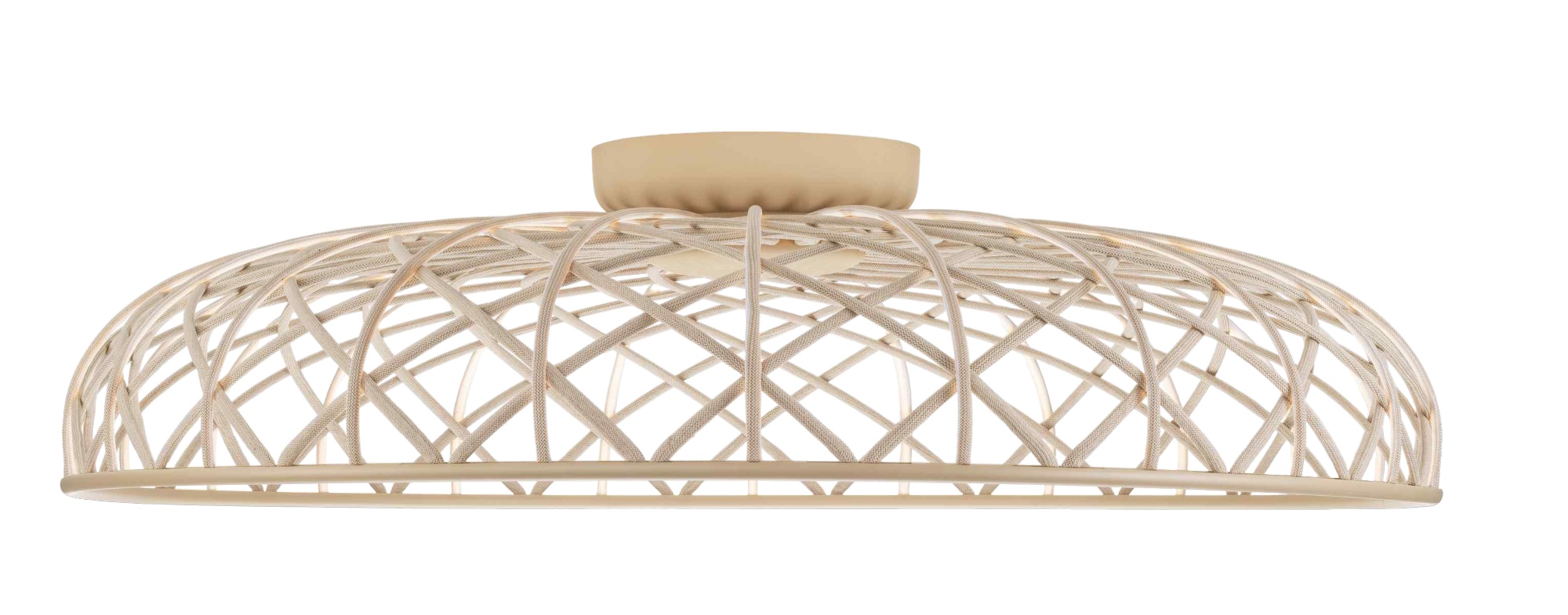 Skynest Deckenleuchte in Mandel von Flos: Moderne Hängeleuchte mit geflochtenem Lampenschirm, ideal für Wohnräume.