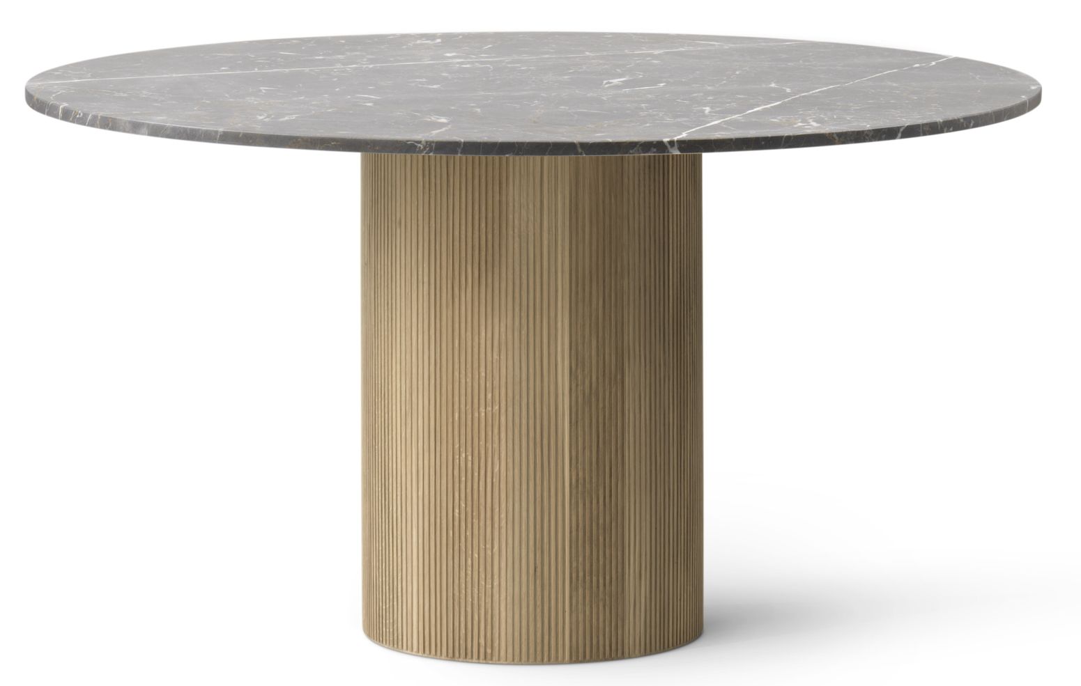 Vipp Cabin Tisch: Runder Esstisch mit hellen Eichenholz-Beinen und grauer Marmorplatte.