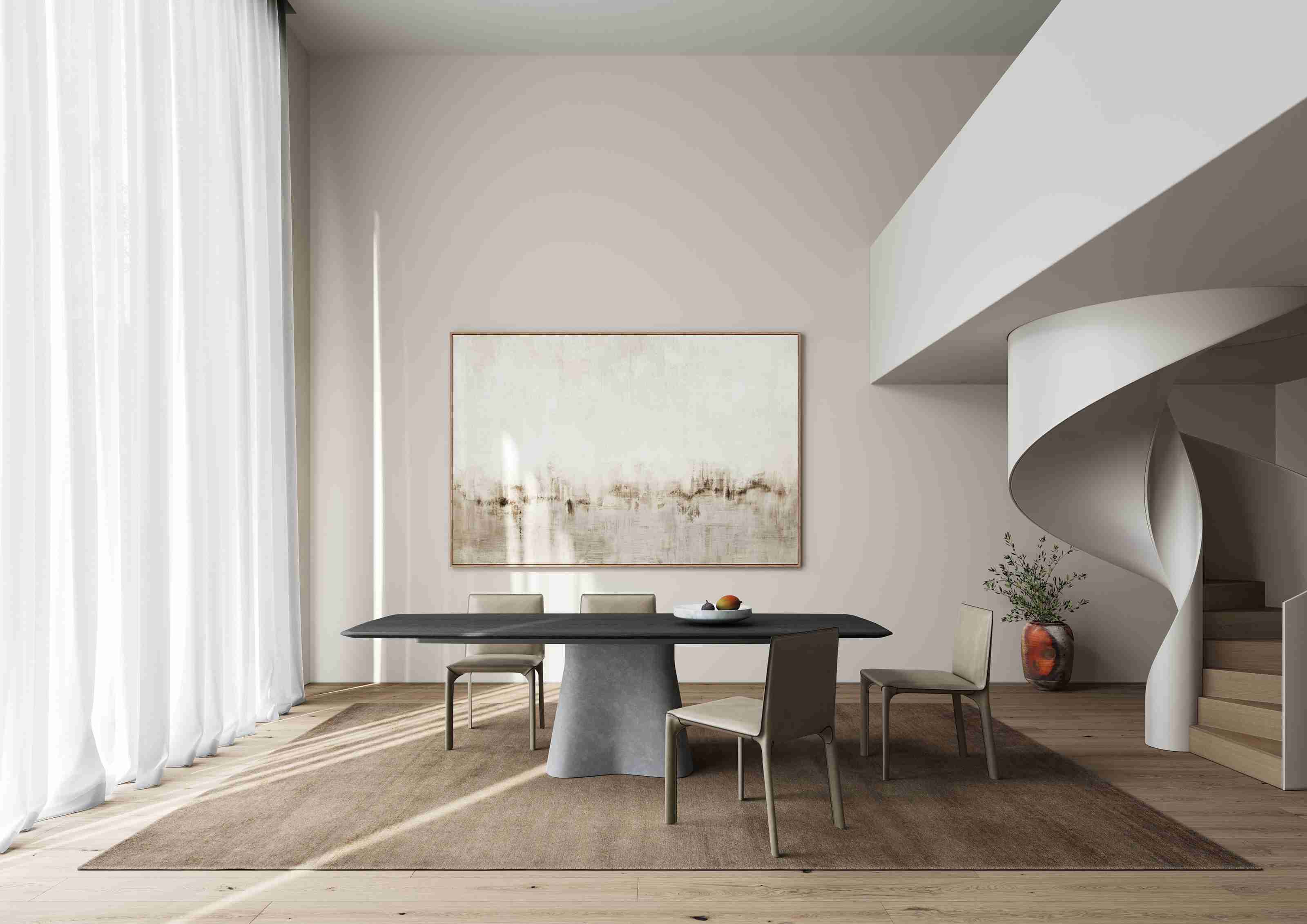 Moderner Temno Esstisch von Walter Knoll mit Stühlen in minimalistischem Esszimmer mit Wendeltreppe.