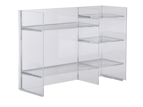 Klares Kartell Sound-Rack Regalsystem aus transparentem Acryl mit drei Regalebenen.