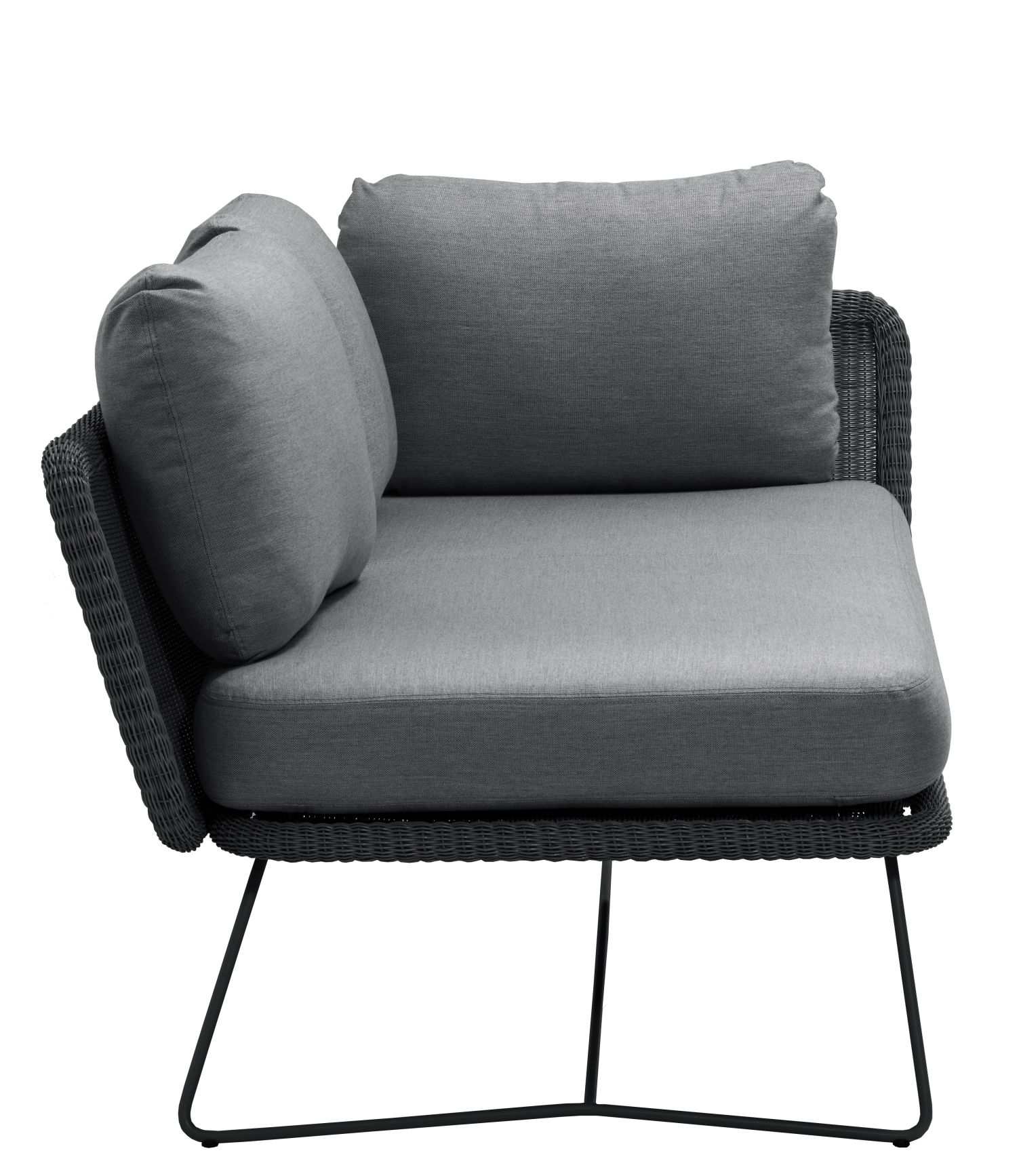 Horizon Outdoor Modulsofa, 2-Sitzer links, Cane-Line, schwarzes Gestell, graue Kissen, Gartenmöbel.