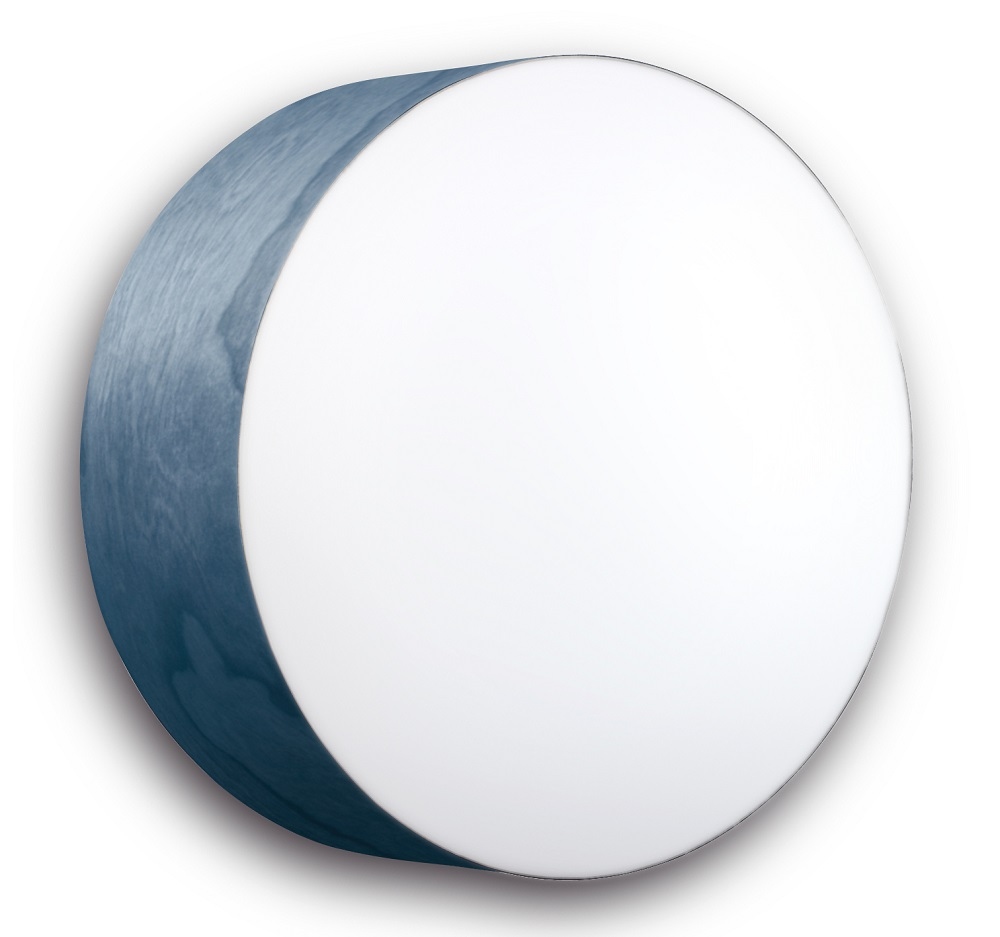 Gea G30 LED Leuchte: Runde Wand- oder Deckenleuchte mit blauem Holzrahmen und weißem Diffusor.